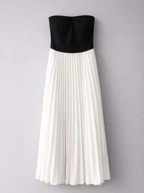 Strapless Black and White Pleated Maxi Dress